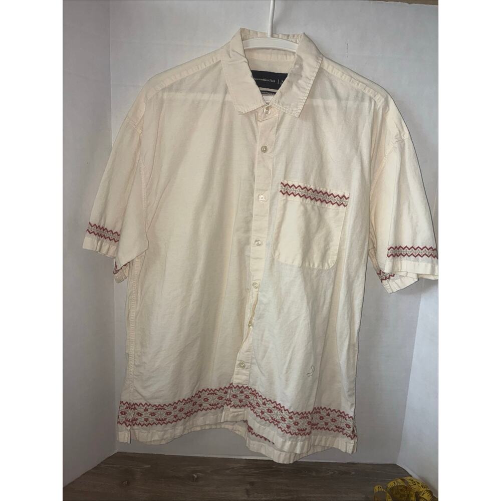 Abercrombie & Fitch Men's Large Camp Shirt Oversized Cream Red Button Up Cotton